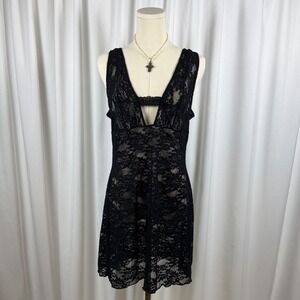 Black Floral Lace Deep V-Neck Slip Dress Adjustable Straps Size L